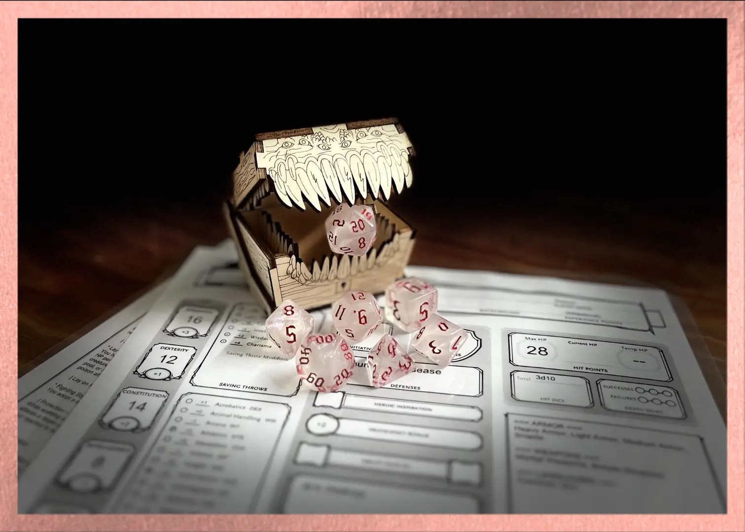 clear polyhedral dice with red numbering sits on a character sheet while a mimic eats the D20