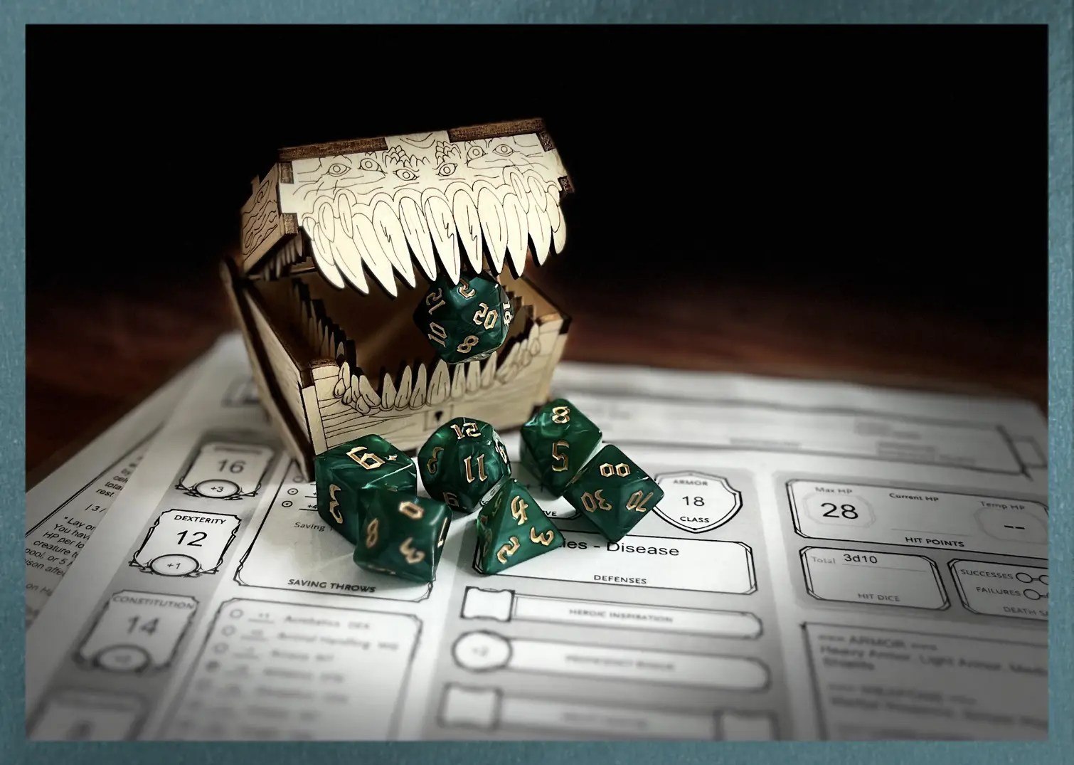 forest green swirl polyhedral dice with gold numbering sits on a character sheet while a mimic eats the D20