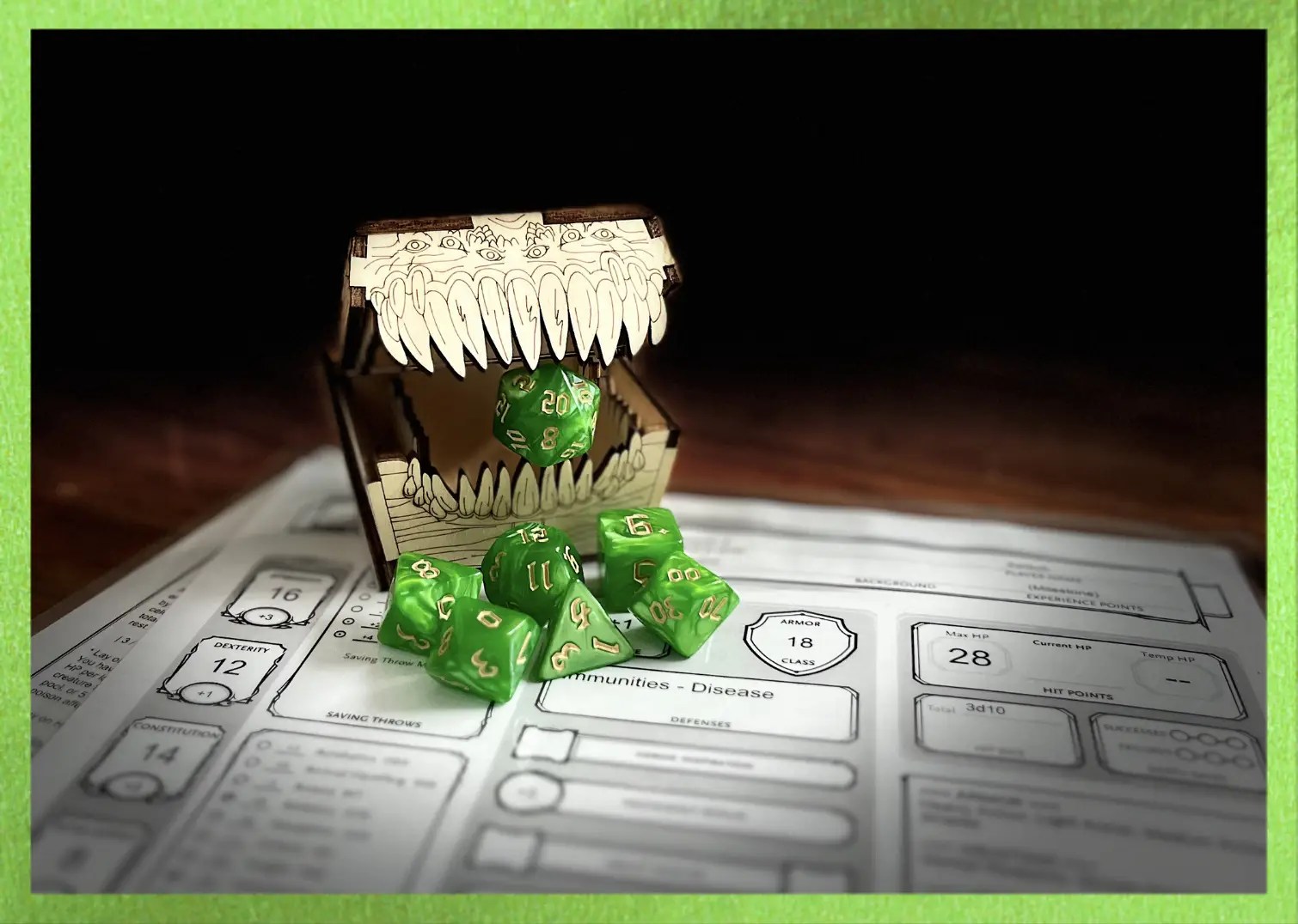 lime green swirl polyhedral dice with gold numbering sits on a character sheet while a mimic eats the D20