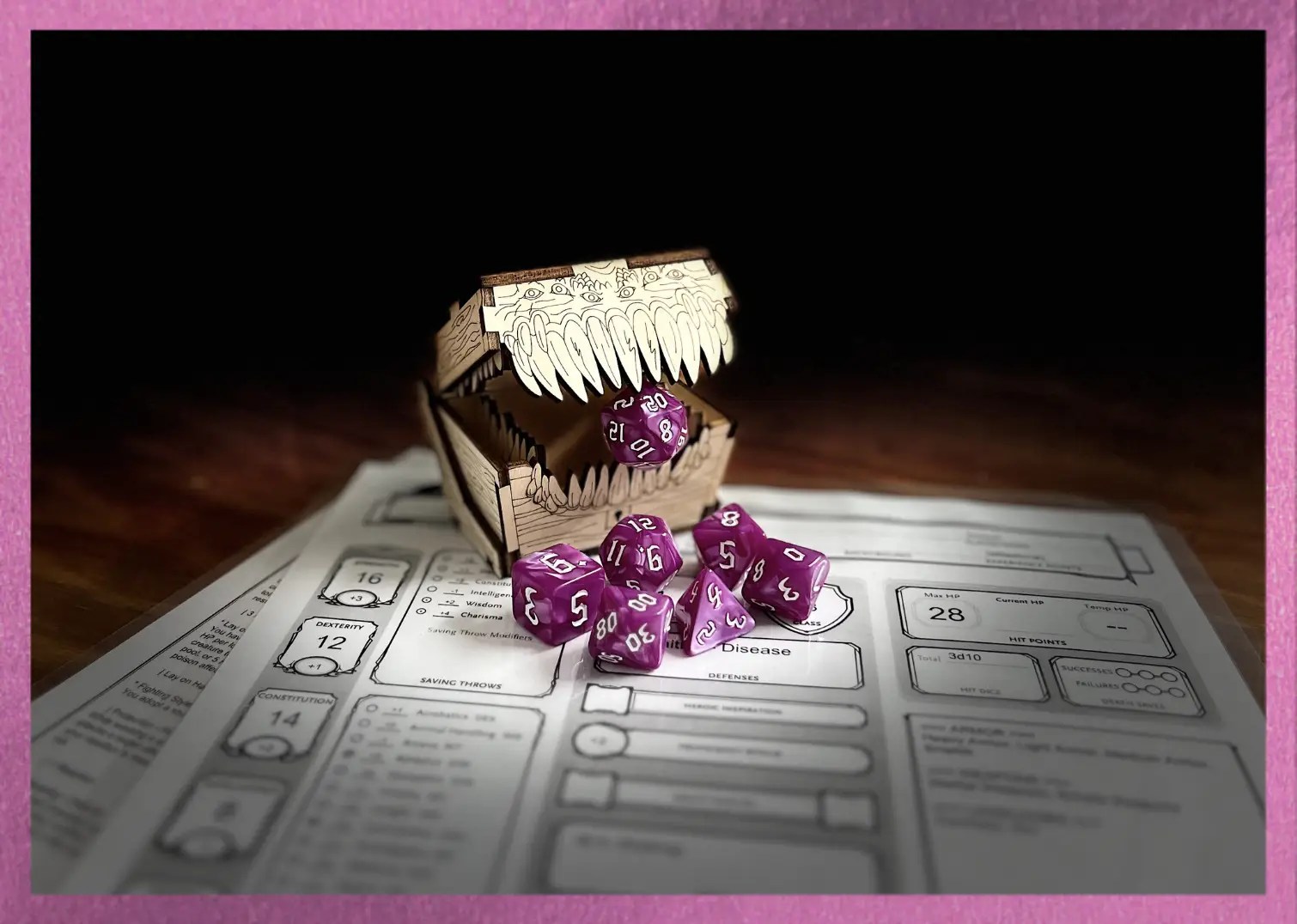 magenta swirl polyhedral dice with white numbering sits on a character sheet while a mimic eats the D20