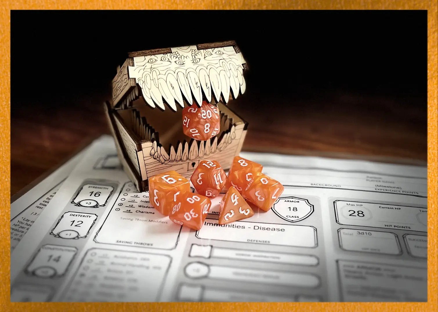 orange swirl polyhedral dice with white numbering sits on a character sheet while a mimic eats the D20