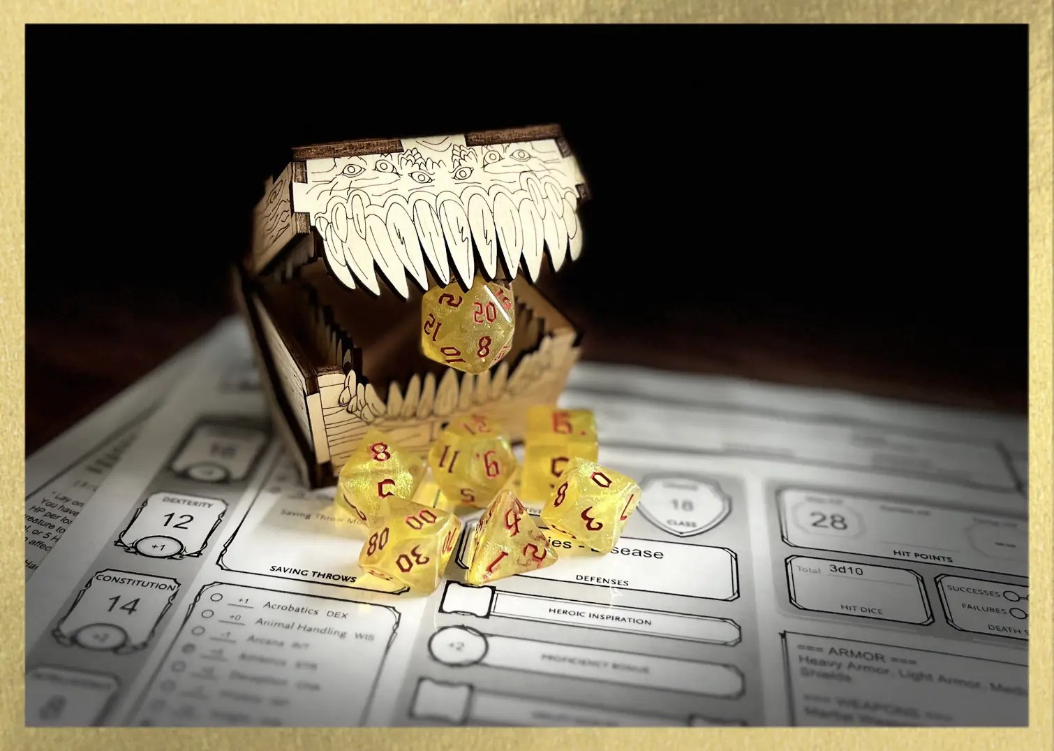see-through yellow shimmery polyhedral dice with red numbering sits on a character sheet while a mimic eats the D20