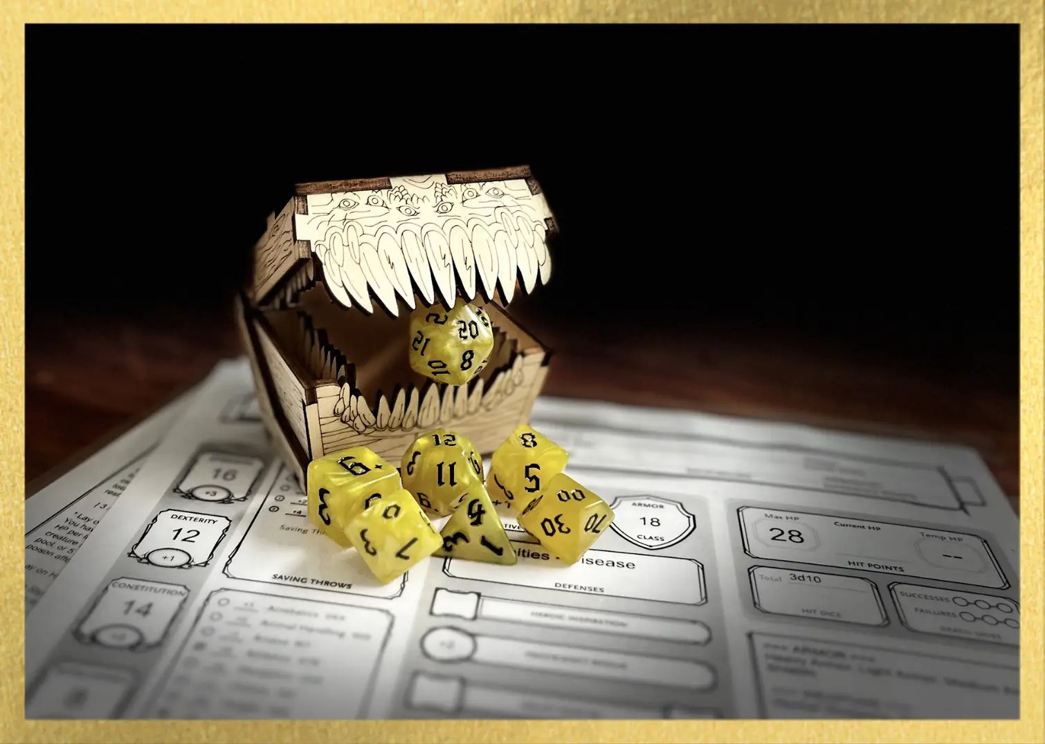 yellow swirl polyhedral dice with black numbering sits on a character sheet while a mimic eats the D20
