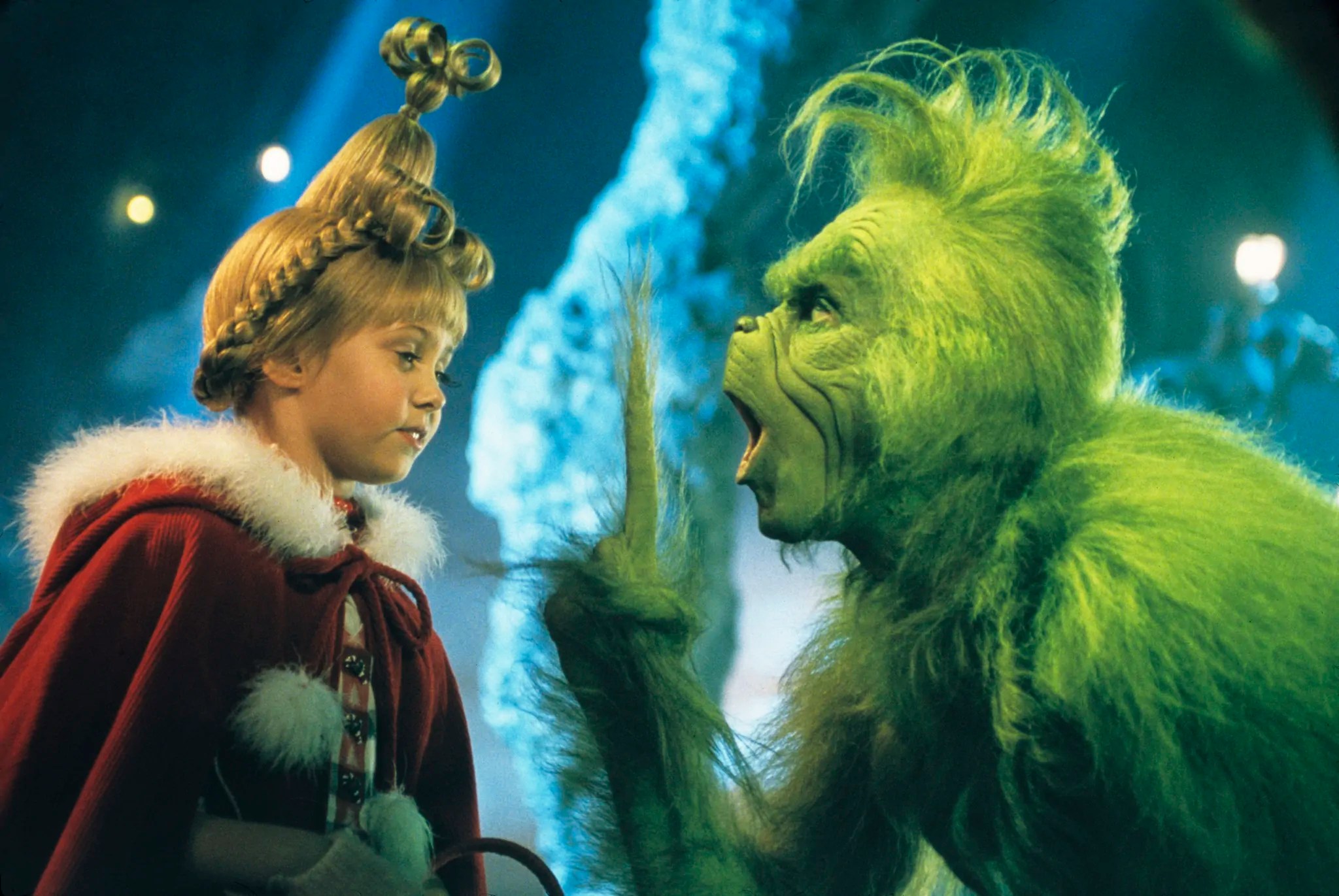 cindy Lou who and the grinch in "How the Grinch Stole Christmas" Jim Carrey and Taylor Momsen