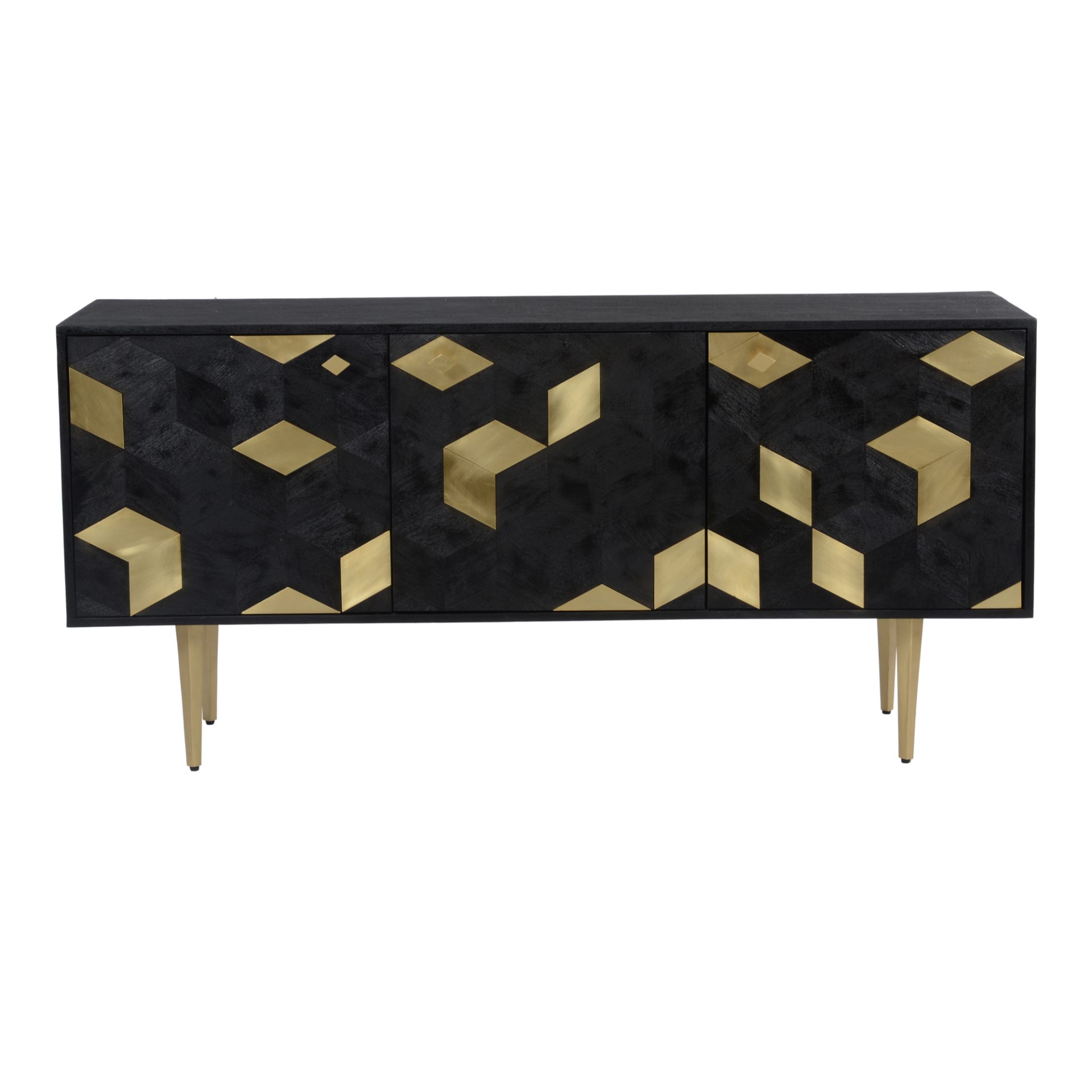 A sweet escape for all of your things. The Sapporo Sideboard features darkened natural mango wood juxtaposed with geometric brass foil patterns for a creative look. With three swinging doors