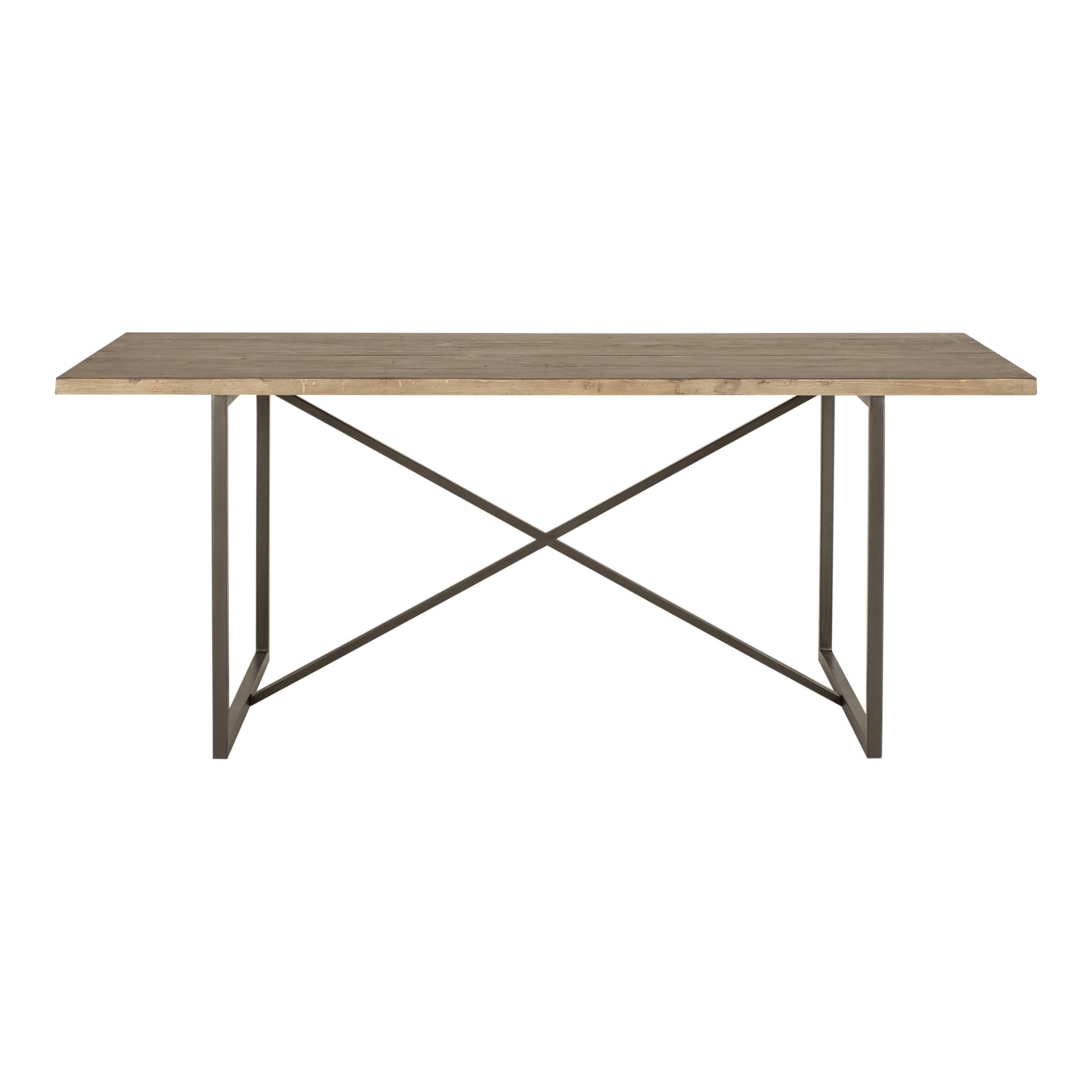 An airy metal base gives the Sierra Dining Table an industrial look. Finished with a solid reclaimed pine tabletop
