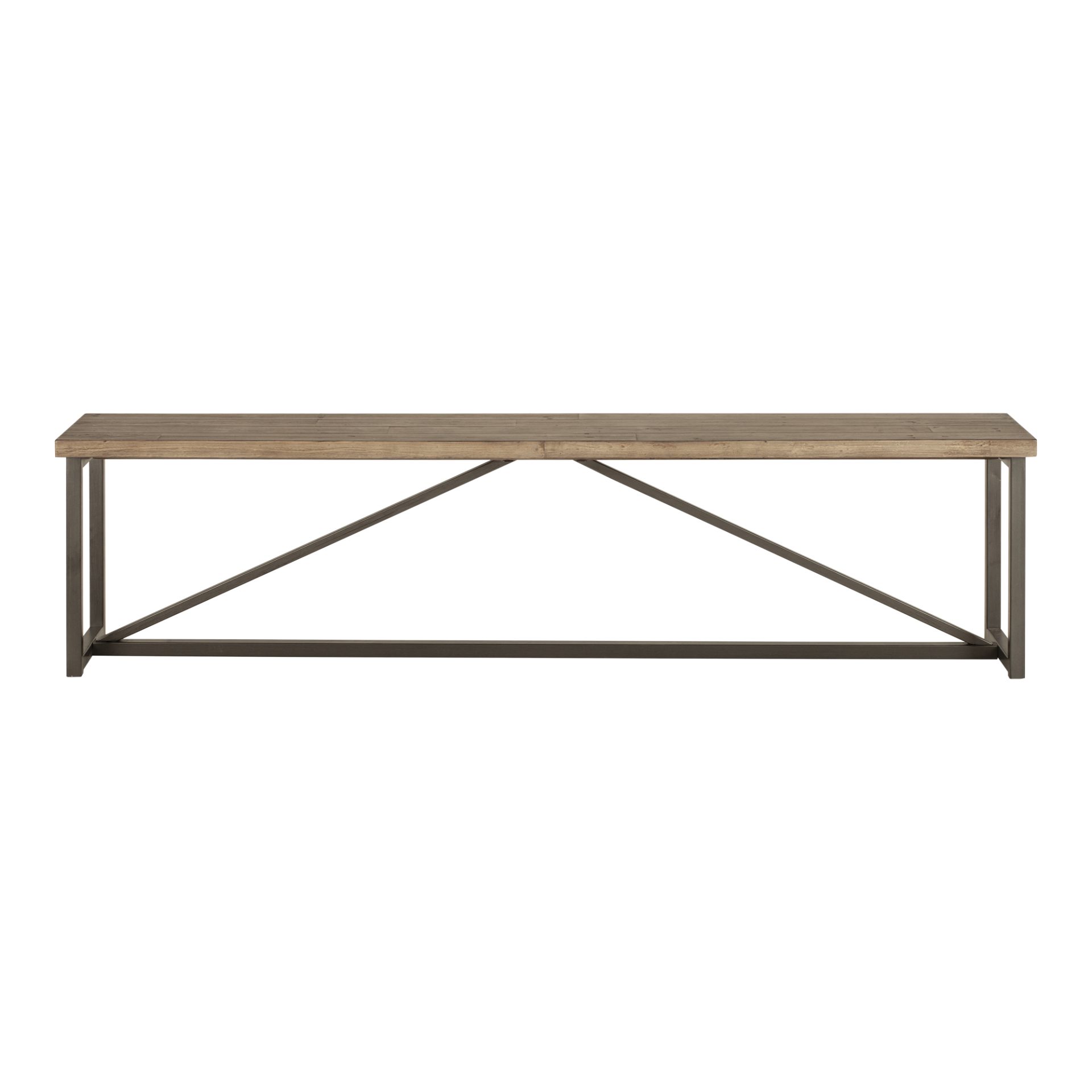 An airy metal base gives the Sierra Bench a sleek industrial look. Finished with a solid reclaimed pine top
