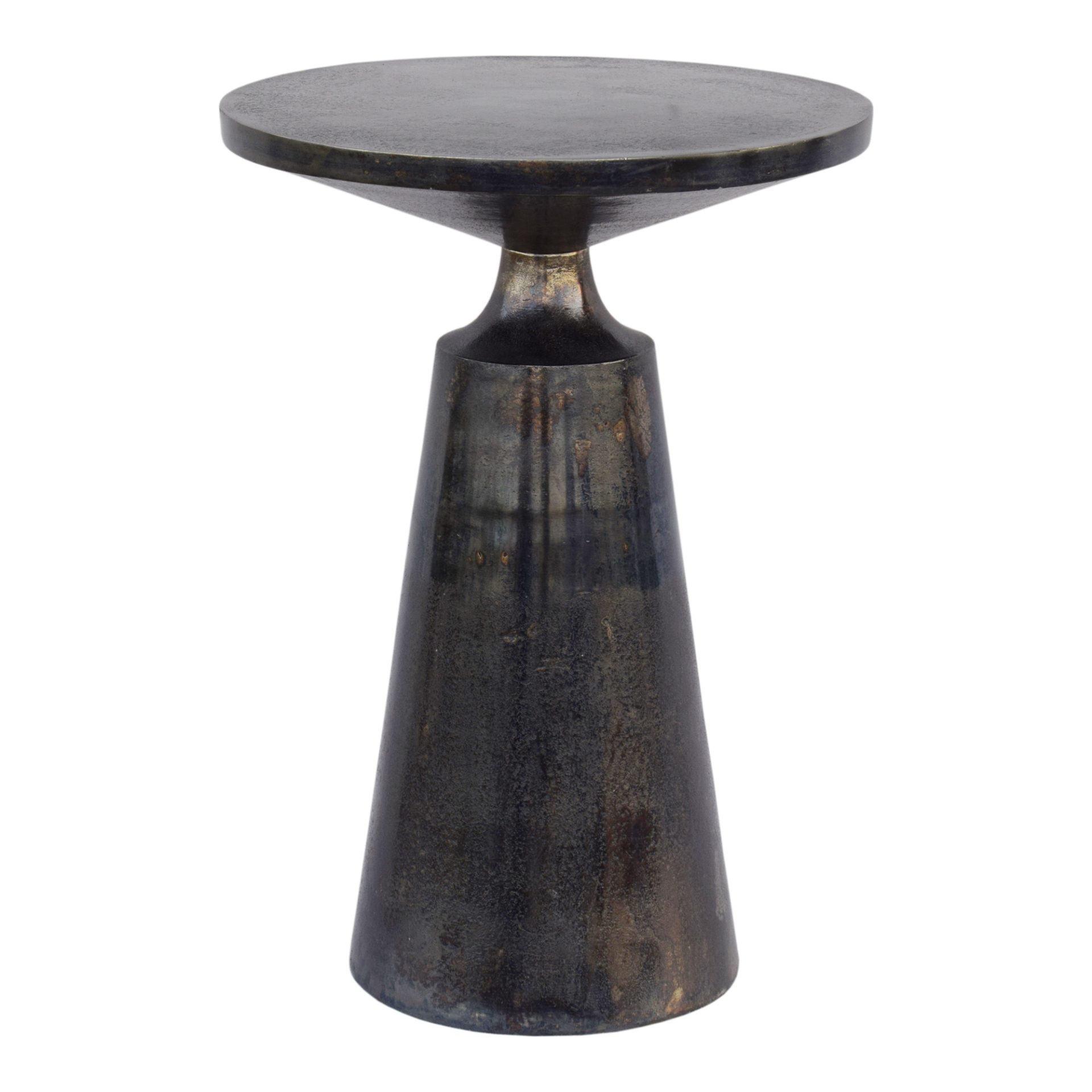 This sturdy metal accent table has a charcoal-grey finish for a cool