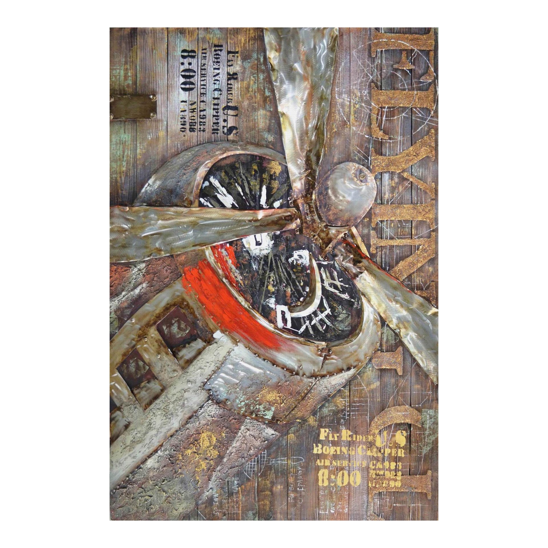 Give your walls a splash of the vintage old world with this abstract image that fits seamlessly into any décor. The hand-painted design makes for genuine work of art. Embellished with metal for an authentic airplane look