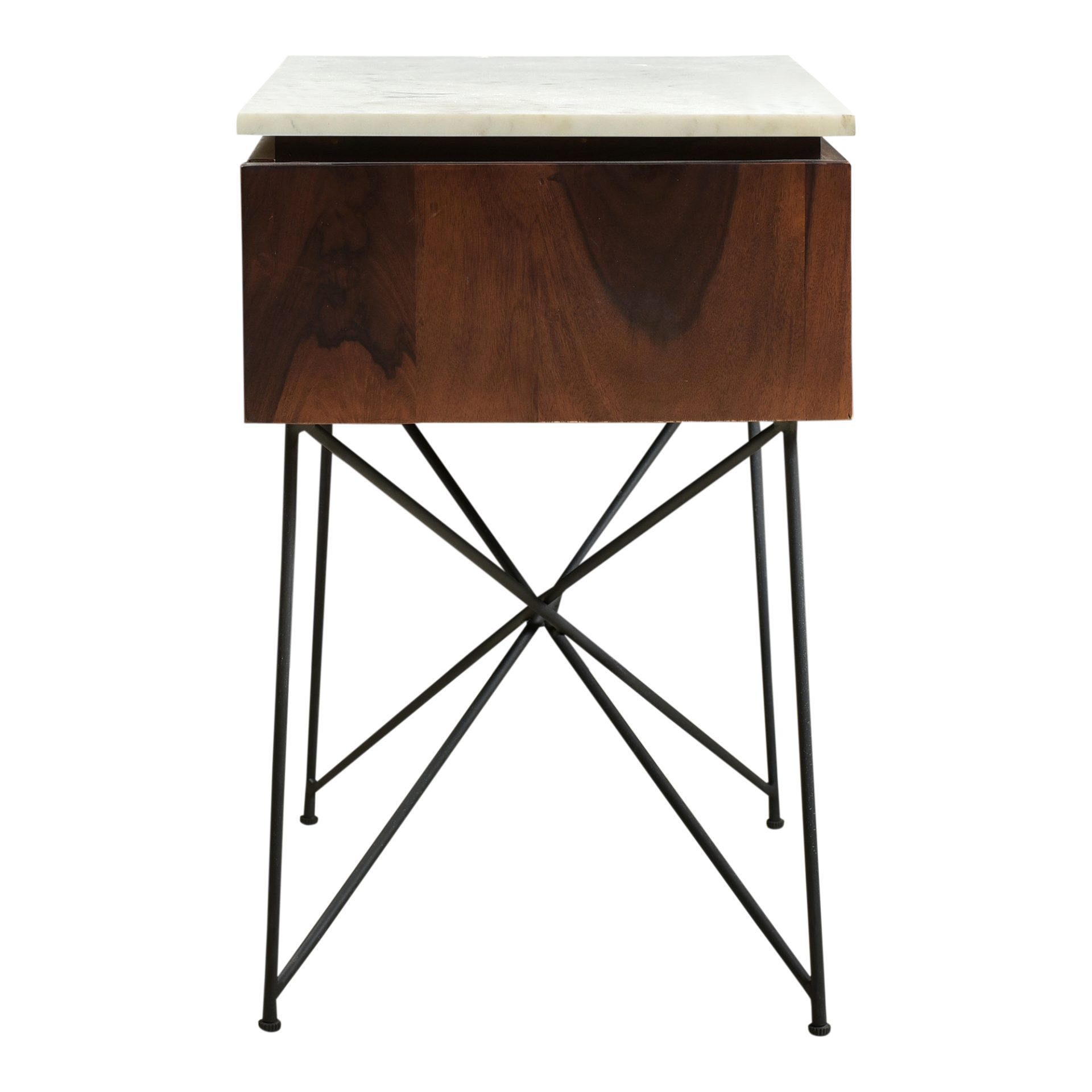 The elegant Dominic nightstand is an epitome of modern design. It features a white marble top with a solid sheesham wood drawer on top of a sturdy
