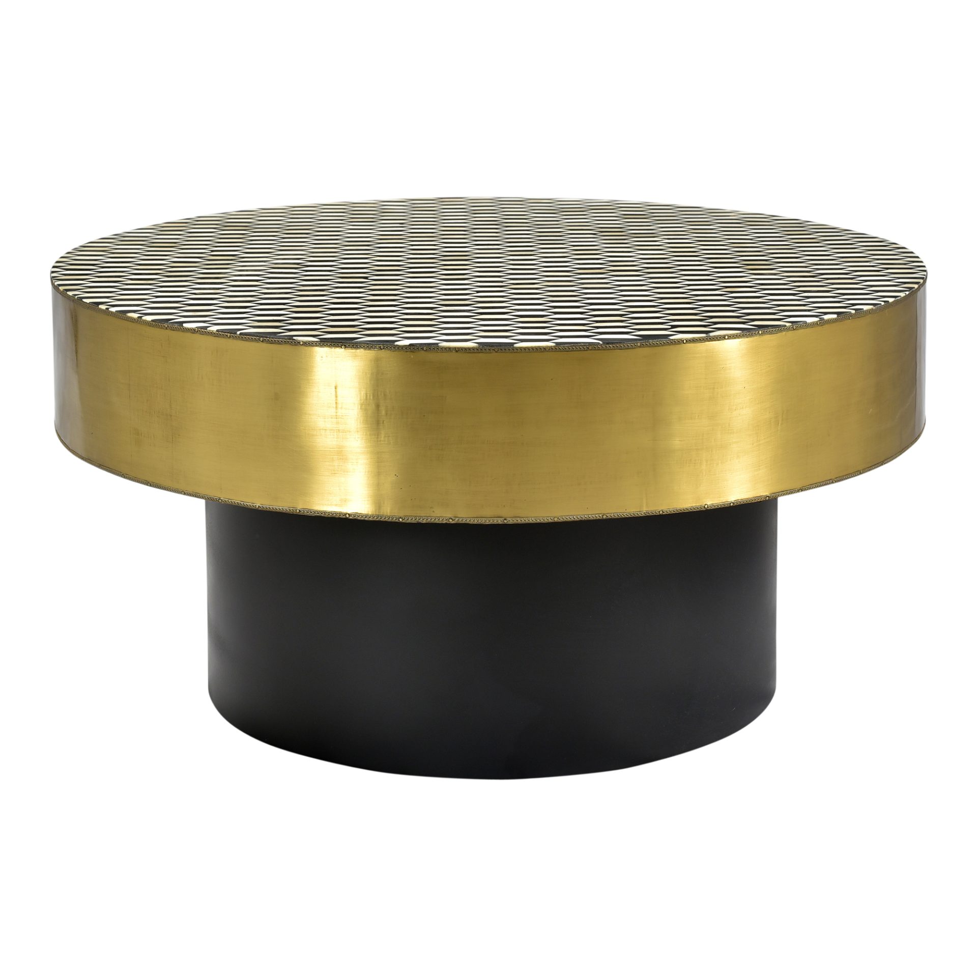 A true statement piece. The Optic Coffee Table's black and white geometric tabletop is paired with a large brass rim and an iron base keeping it art-deco inspired. Its circular shape is great for adding a natural flow to your space.