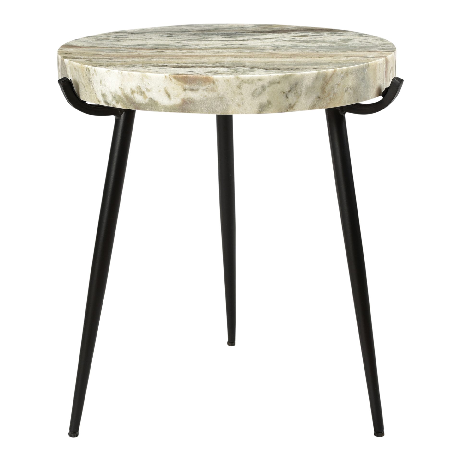 A sturdy iron base cradles a generous slab of marble in the Brinley marble accent table. Light brown marble creates a warm feel