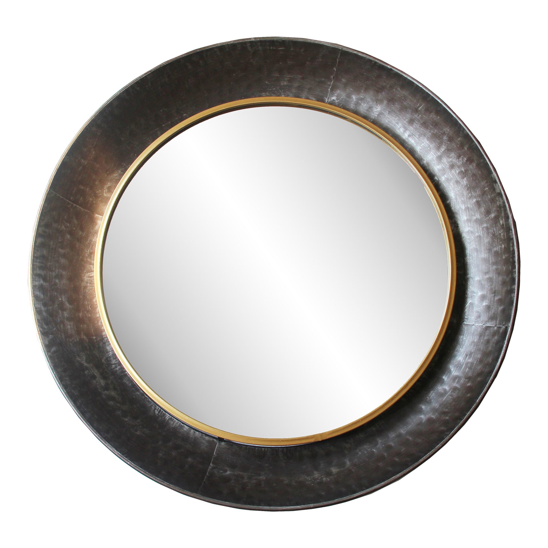 The Rey is a sleek round wall mirror with a grey metal frame and a thin band of gold