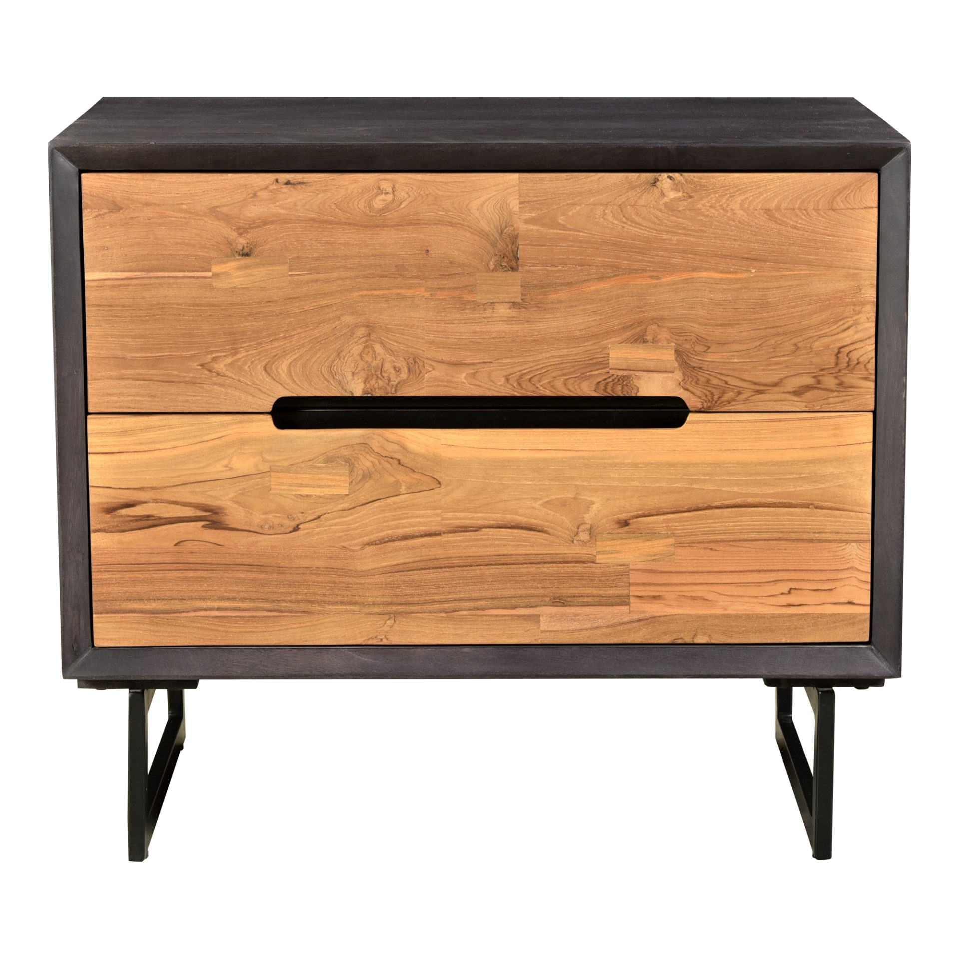 Solid reclaimed teak defines the unique simplicity of the Vienna Collection. Each piece of wood exhibits a natural knot and wood grain finish. With two large drawers