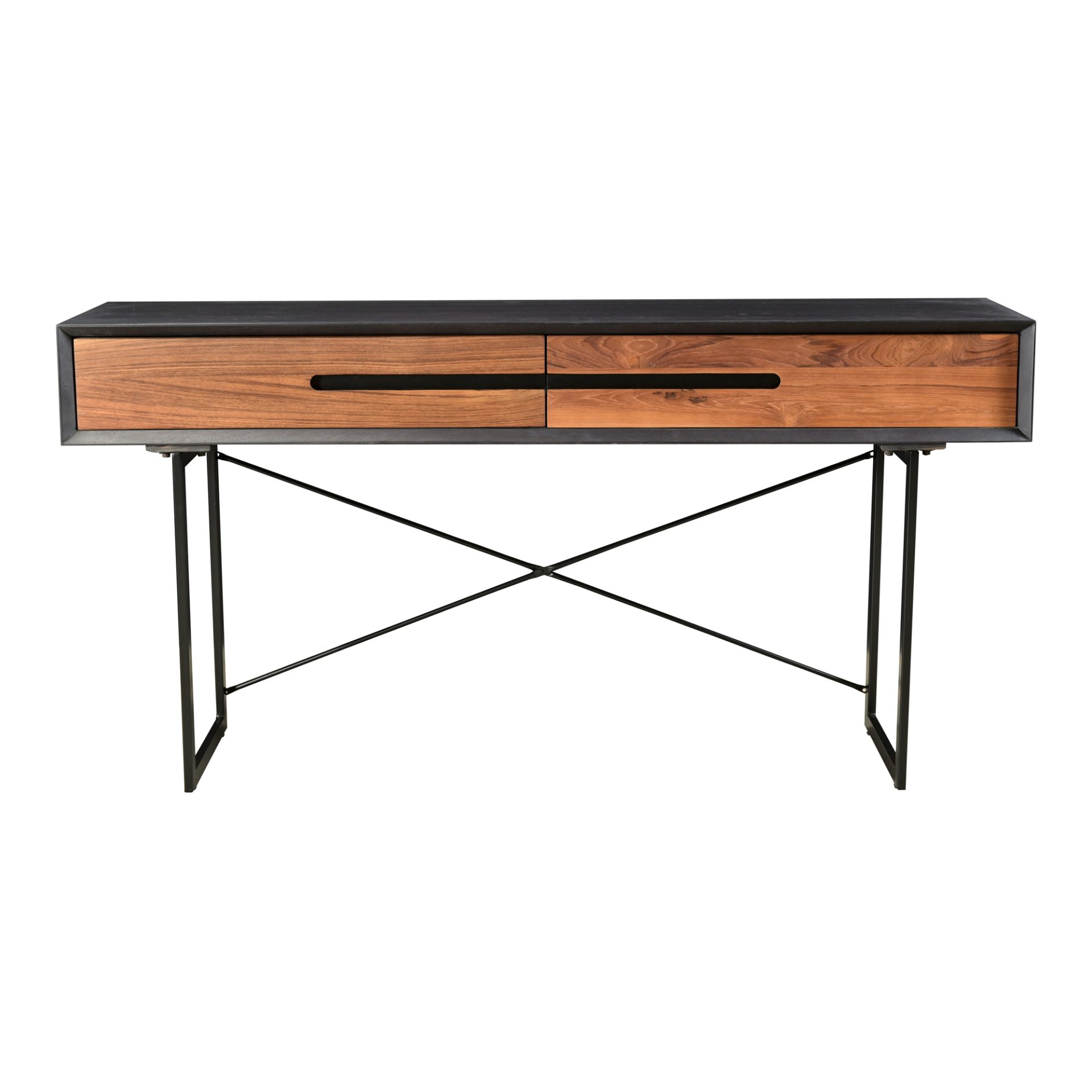 Solid reclaimed teak defines the unique simplicity of the Vienna Console Table. Each piece of wood exhibits its own knot and wood grain finish. With two large drawers