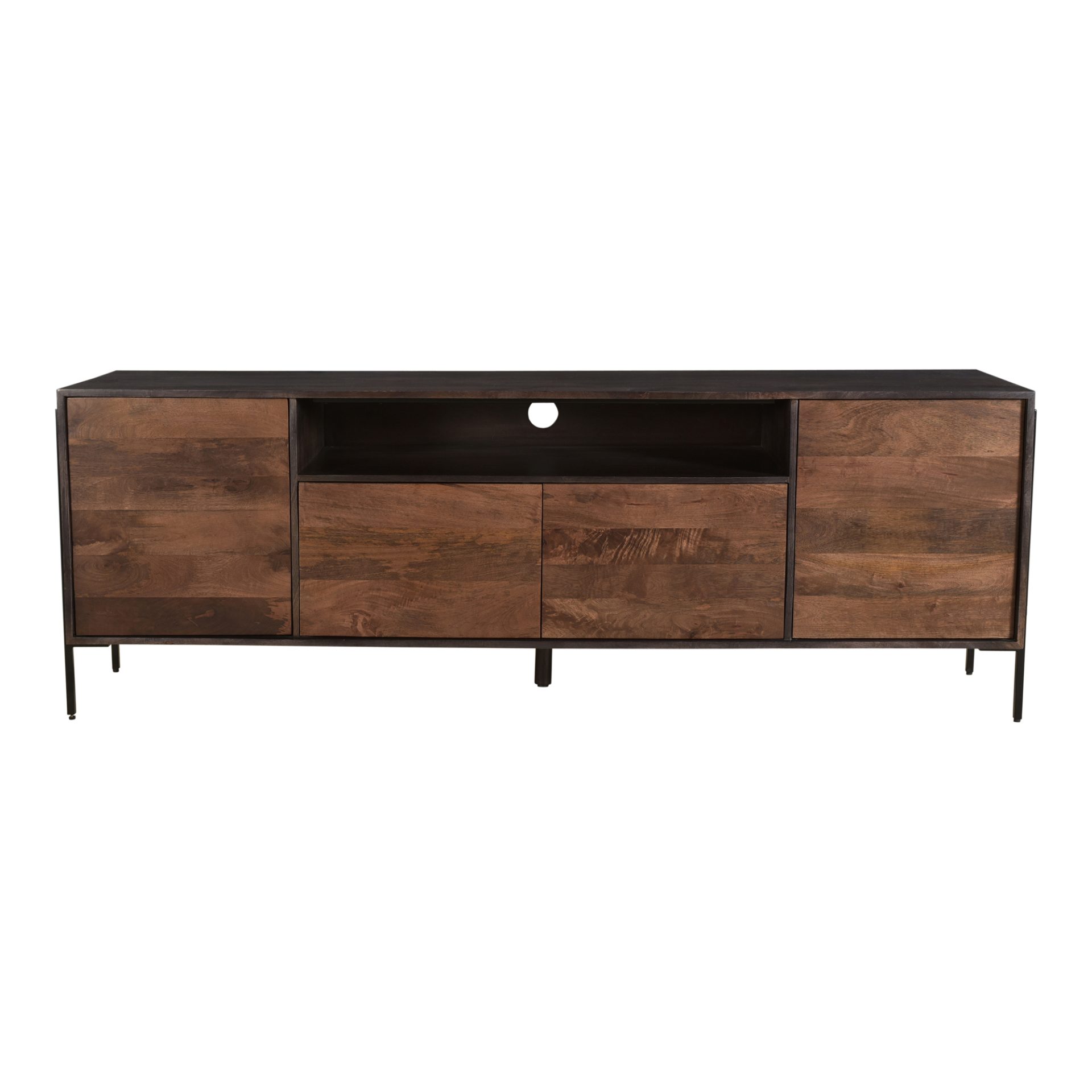 Bring the vibrant organic hues of solid mango wood into your living room with the Tobin Media Console. The contrast of the dark and medium stain elevates the natural tones in the wood grain and knots. Two large shelves are located behind push doors and provided storage solutions for your DVDs