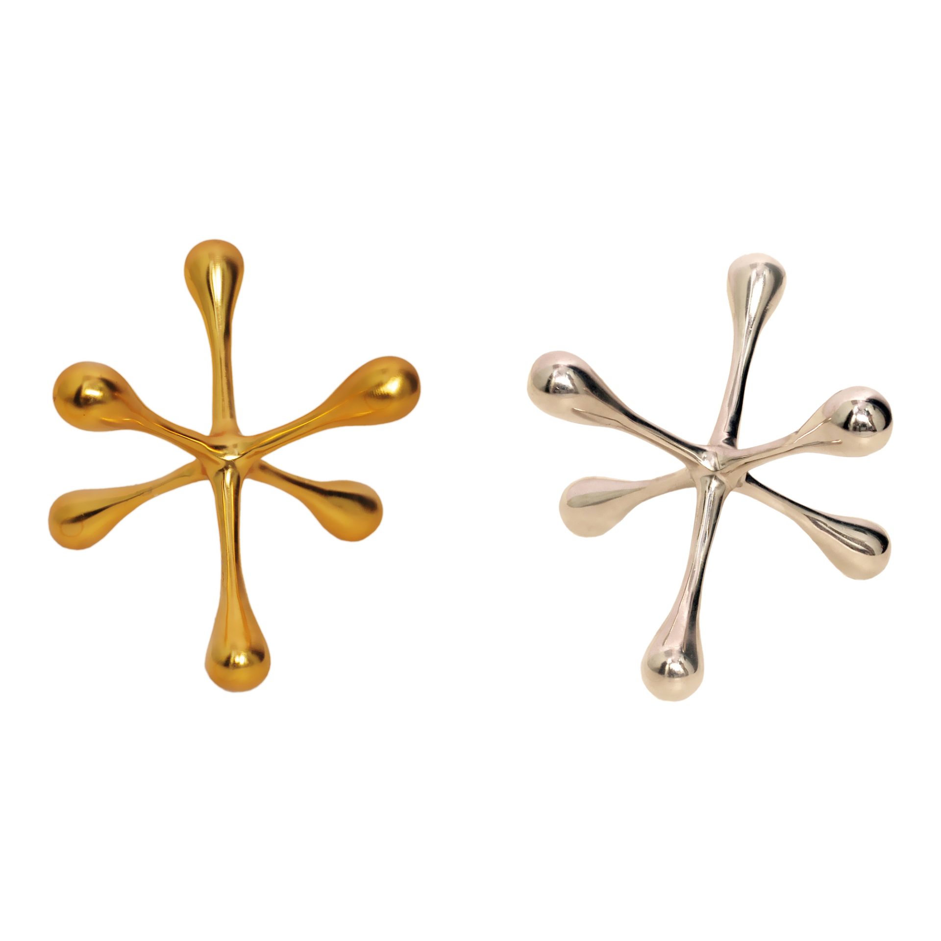 A whimsical take on a favorite childhood game. A set of two large Jacks cast in solid aluminum with a nickel finish. A great table-top item or have the coolest paper weights on your desk at work.
