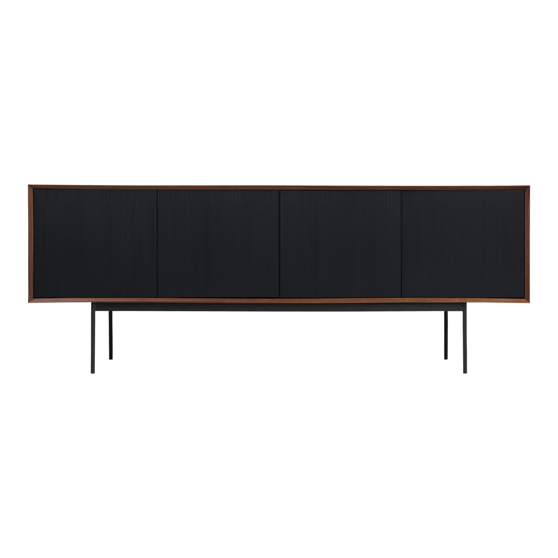 A simple design that packs a punch. Dark stained walnut veneer accompanies black corduroy wood detailing on the Araya Sideboard cupboards. This mid-century modern sideboard's large storage compartment opens to reveal four large shelves