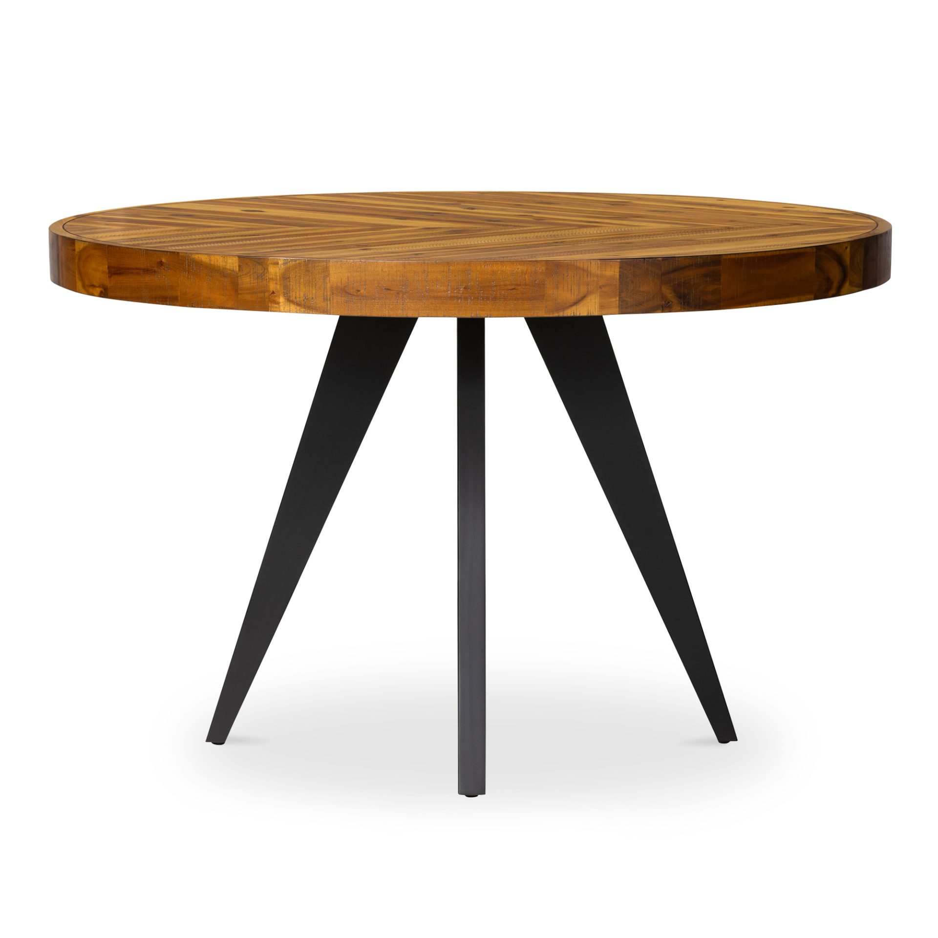 The Parq Round dining table is a sophisticated fusion of modern design and rustic charm. Each piece of solid Acacia is meticulously hand-selected to create a visually interesting tabletop