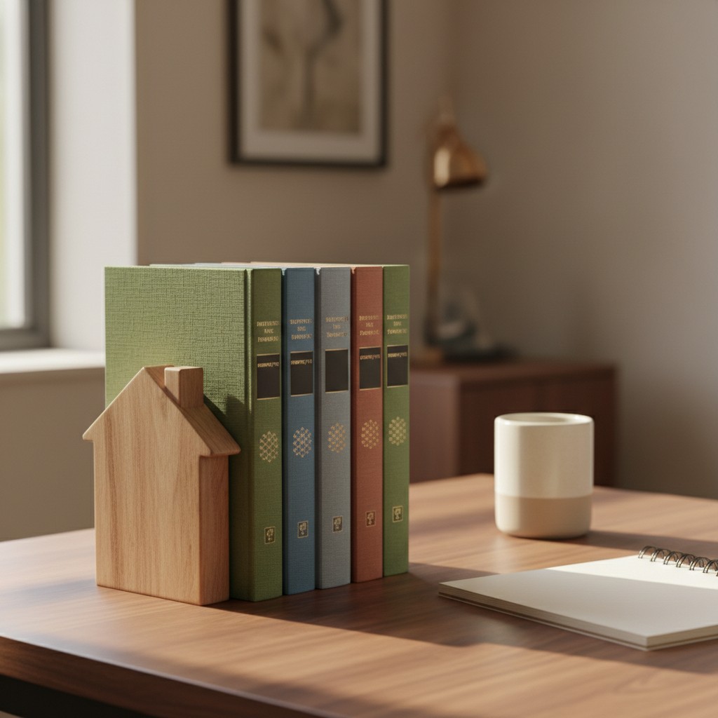A photograph of a set of wood and fabric bound books stands on a table, placed against a house-shaped wooden bookend, alon...