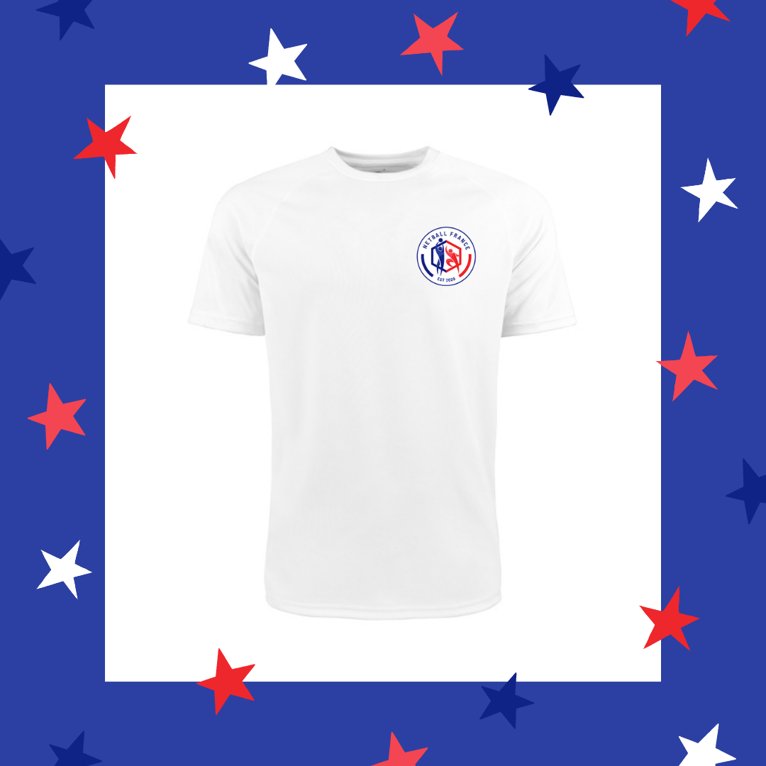 Product photo of Netball France Training Top - a white sports shirt on a white background with the Netball France logo on the left chest. Surrounded by blue background with blue, white and red stars.