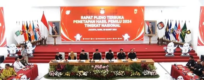 Komisi Pemilihan Umum (KPU) mengumumkan pasangan nomor urut 02 Prabowo Subianto-Gibran Rakabuming sebagai calon presiden dan wakil presiden (capres dan cawapres) terpilih periode 2024-2029.