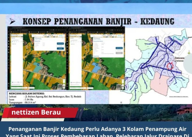 Penanganan Banjir Kedaung Perlu Adanya 3 Kolam Penampung Air Yang Saat Ini Proses Pembebasan Lahan. Pelebaran Jalur Drainase Di Gang Rawa Indah 2 Yang Nantinya Disiapkan DPUPR Berau Bagian Sumber Daya Air (SDA).