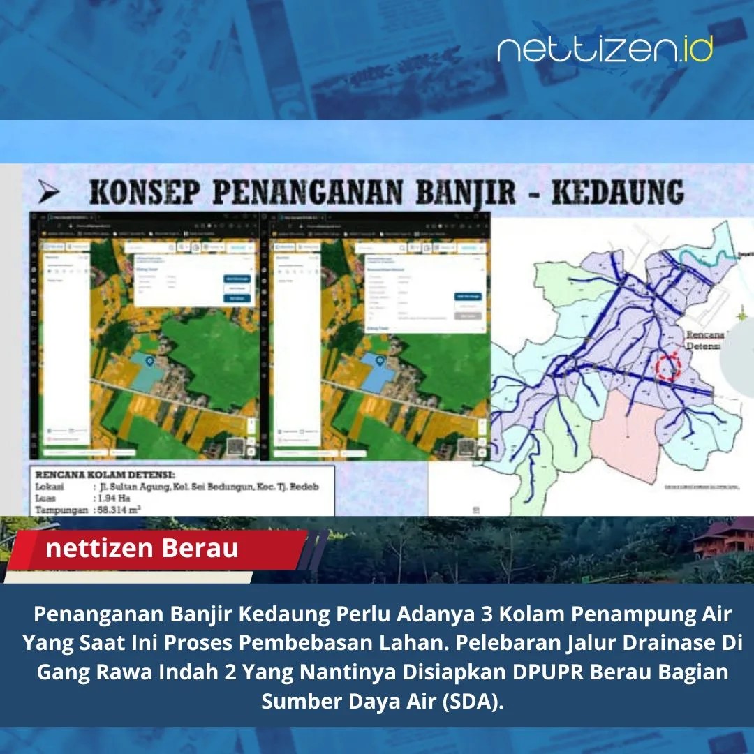 Penanganan Banjir Kedaung Perlu Adanya 3 Kolam Penampung Air Yang Saat Ini Proses Pembebasan Lahan. Pelebaran Jalur Drainase Di Gang Rawa Indah 2 Yang Nantinya Disiapkan DPUPR Berau Bagian Sumber Daya Air (SDA).