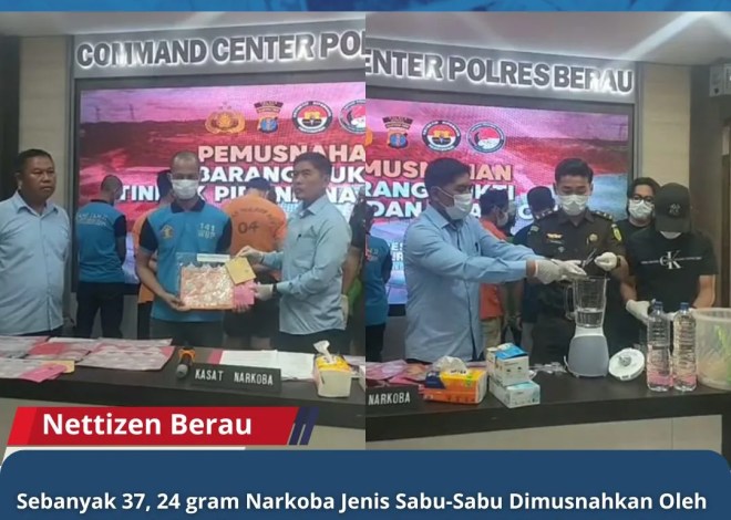 Sebanyak 37,24 gram Narkoba Jenis Sabu-Sabu Dimusnahkan Oleh Satreskoba Polres Berau, Pemusnahan Barbuk Narkotika Dari 11 Kasus Dan 12 Orang Tersangka.