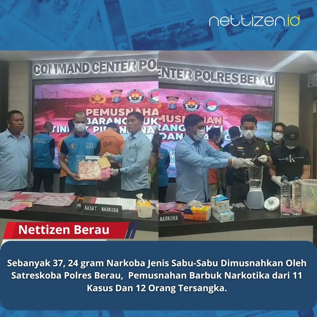 Sebanyak 37,24 gram Narkoba Jenis Sabu-Sabu Dimusnahkan Oleh Satreskoba Polres Berau, Pemusnahan Barbuk Narkotika Dari 11 Kasus Dan 12 Orang Tersangka.