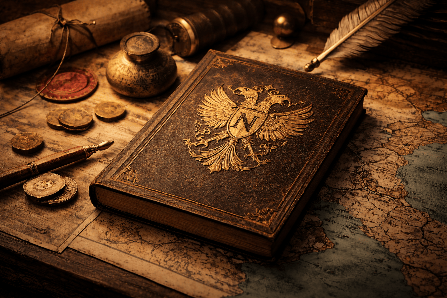 House of Neucu heritage artwork featuring a ledger and crest