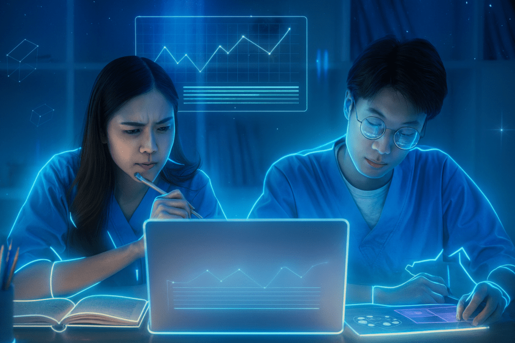 Two medical students engaged in collaborative study with laptops and digital graphics in a futuristic setting.