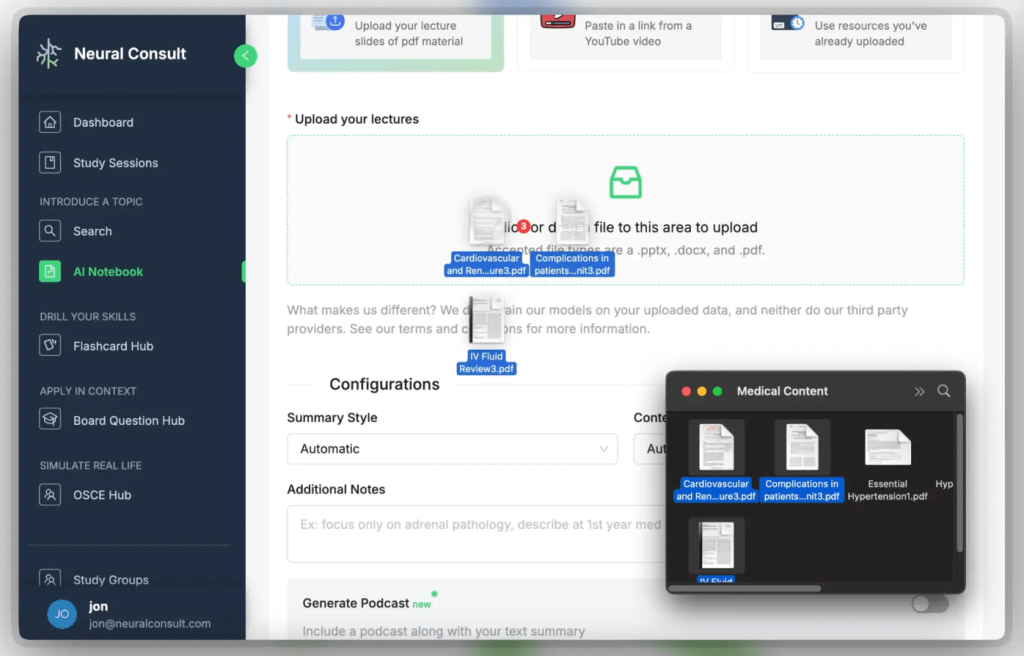 Screenshot of the Neural Consult AI Notebook interface, showcasing the feature to upload lecture materials like PDFs and presentations for AI-generated summaries.