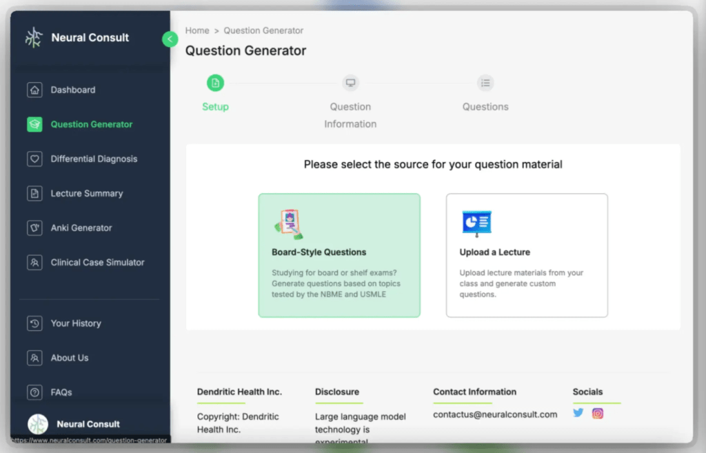 Screenshot of the Neural Consult Question Generator interface, showing options to select question material source, including 'Board-Style Questions' and 'Upload a Lecture'.