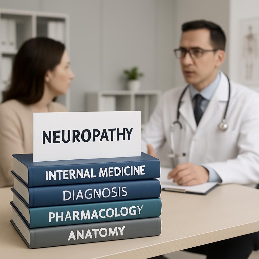 Neuropathy - Books with a doctor treating a patient in a medical room.