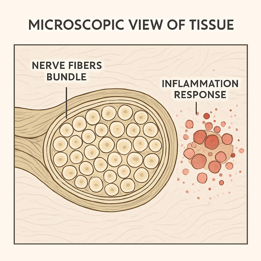 Microscopic view of tissue: Nerve fibers bundle and inflammation response.