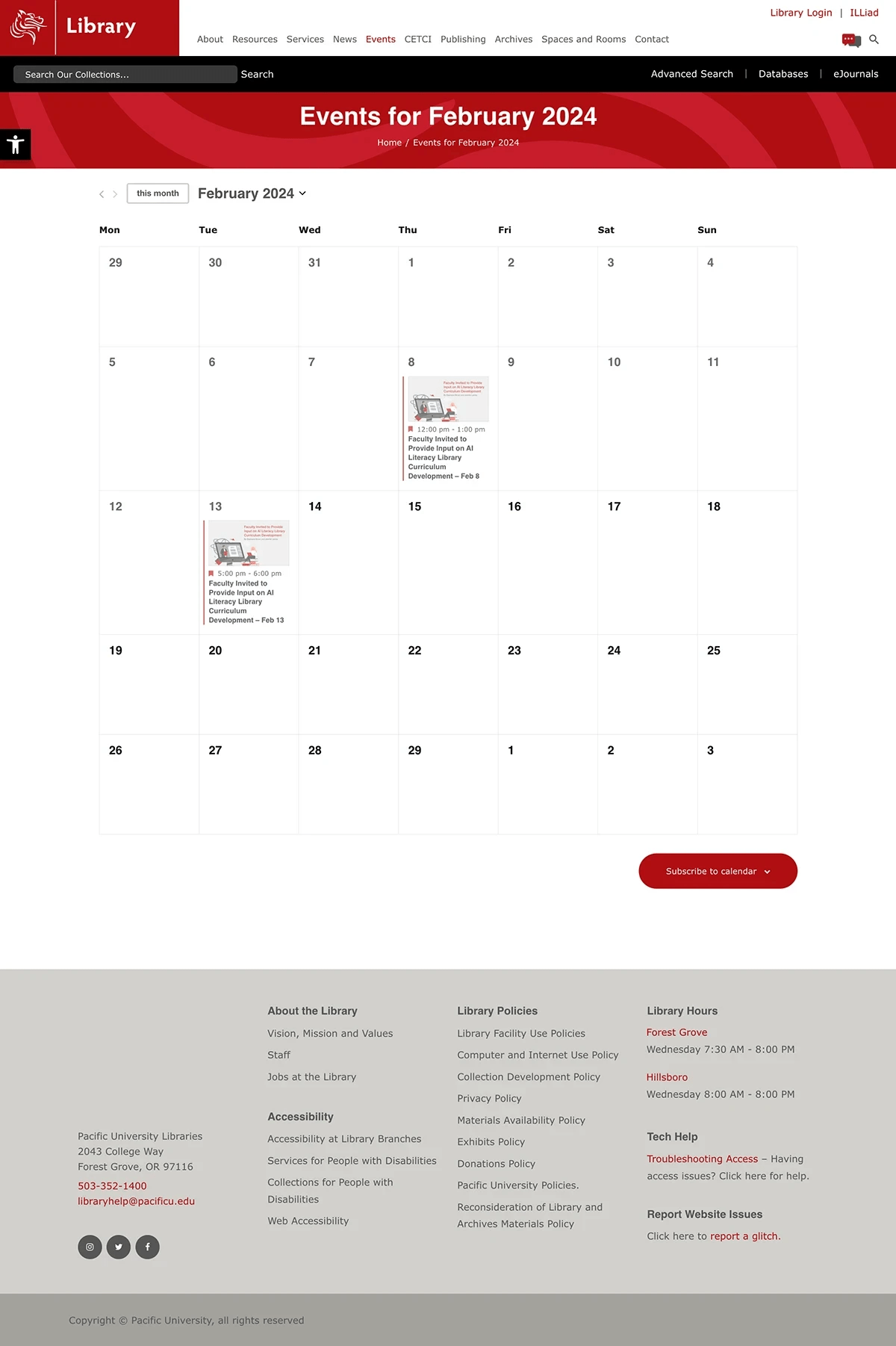 Pacific University Library Website Events Page