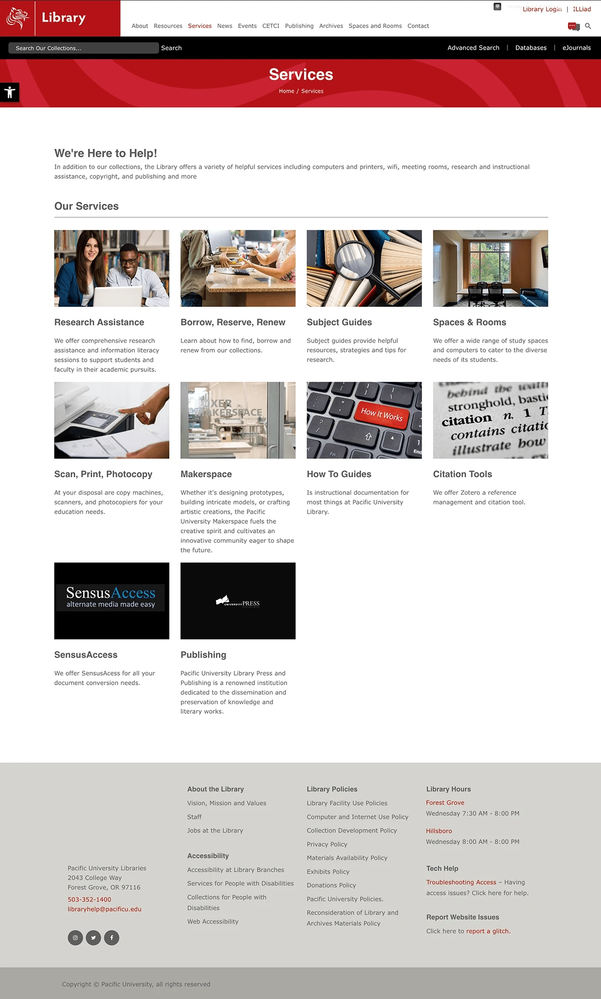 Pacific University Library Website Services Page