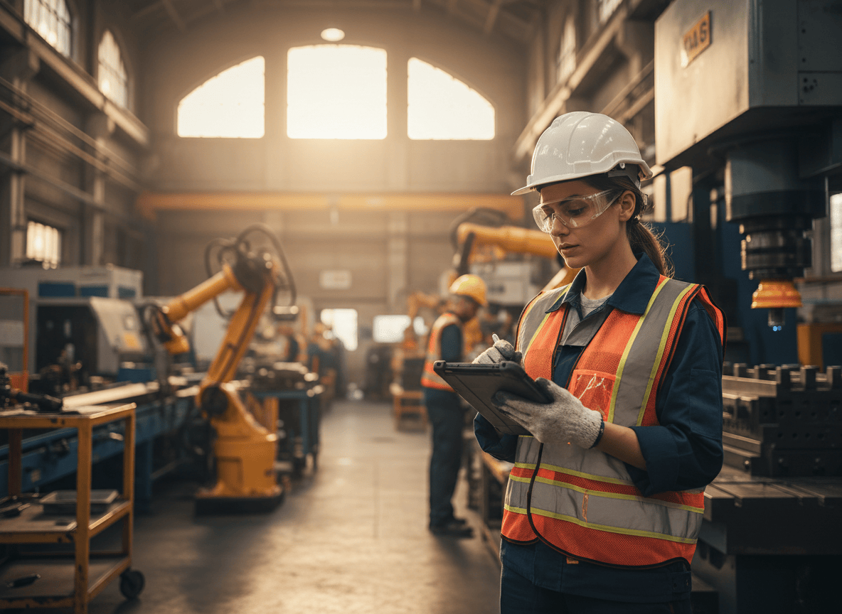 Auditor using a tablet to conduct a quality audit on a manufacturing shop floor