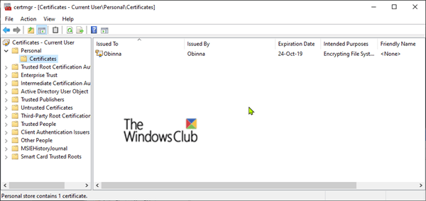 Import EFS File Encryption Certificate and Key (PFX file) in Windows 10