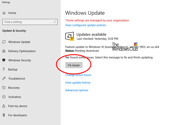 Fix issues button on the Windows Update page