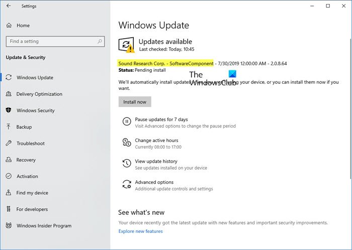 What is Sound Research Corp SoftwareComponent in Windows 10 Update?
