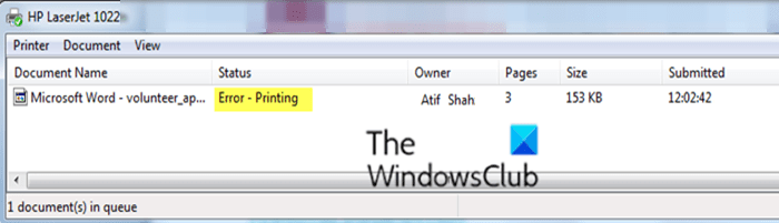 Error Printing Print job notification error