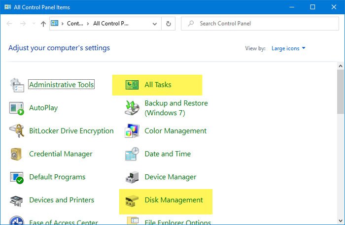 How to add All Tasks and Disk Management to Control Panel