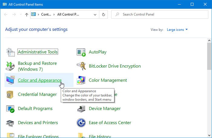 How to add Color and Appearance to Control Panel in Windows 10