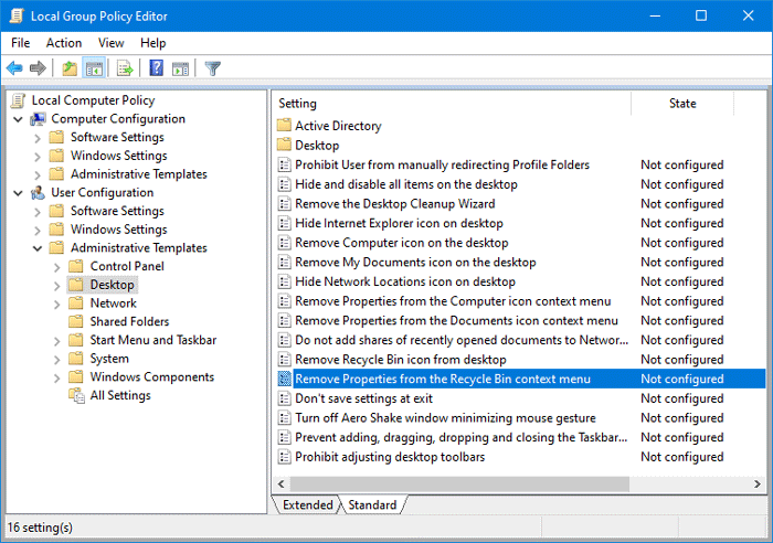 How to hide or disable Properties from Recycle Bin context menu
