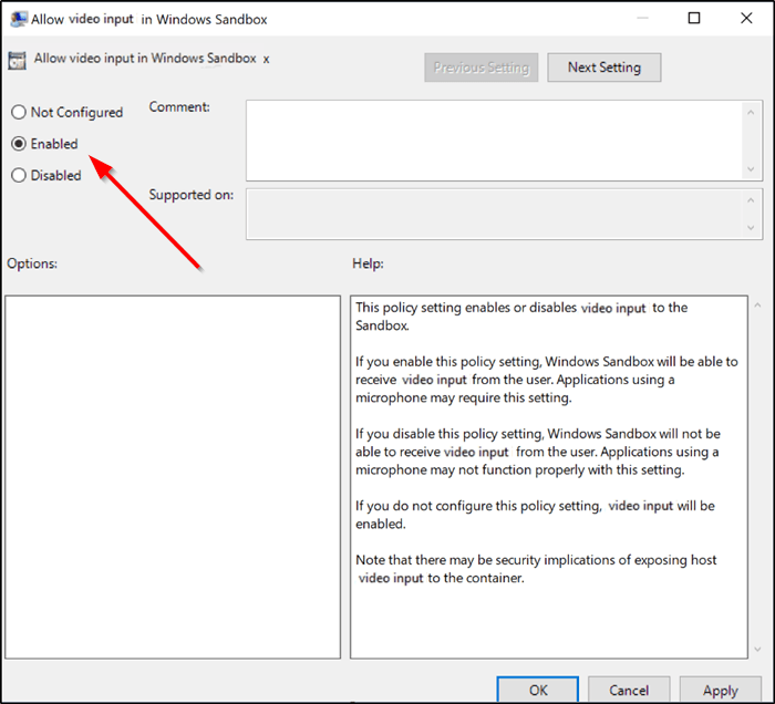 How to enable or disable Video Input in Windows Sandbox