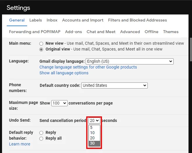 Gmail Undo send setting