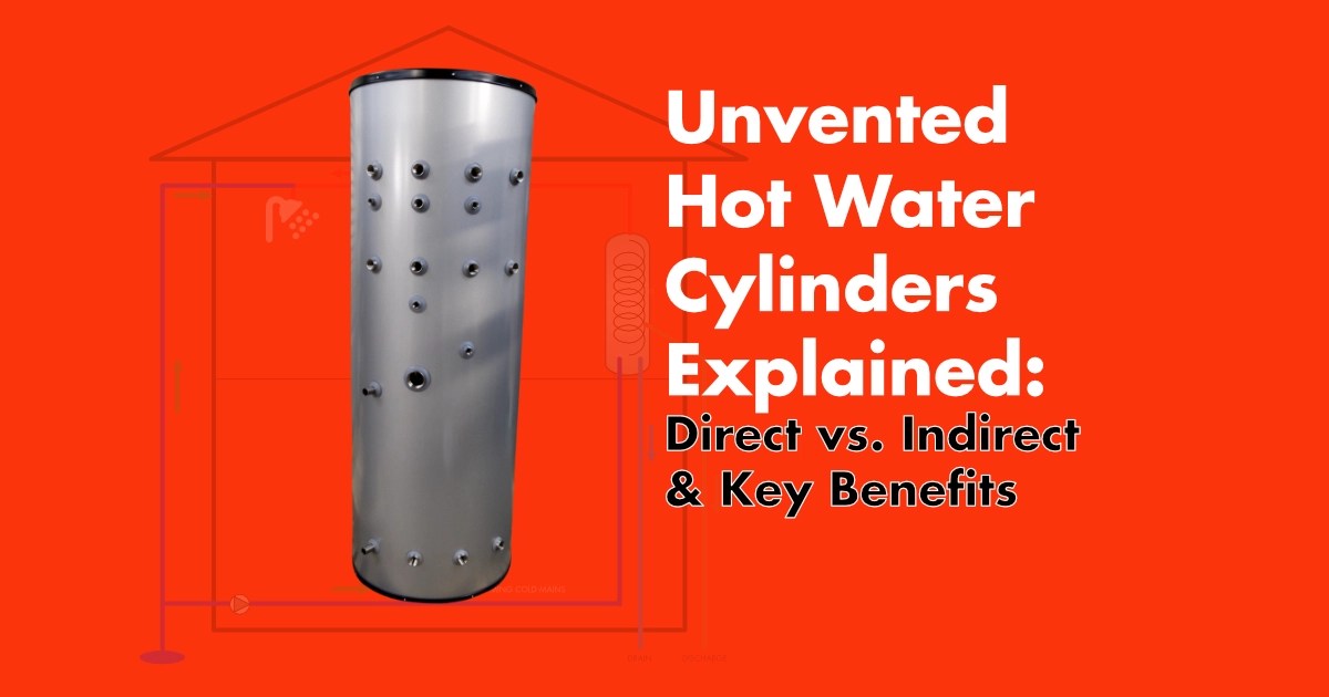Unvented Cylinders Explained: Direct vs. Indirect & Key Benefits graphic with red-orange background with post title in white text with subtitle in black. A large unvented cylinder manufactured by Newark Cylinders is to next to the text