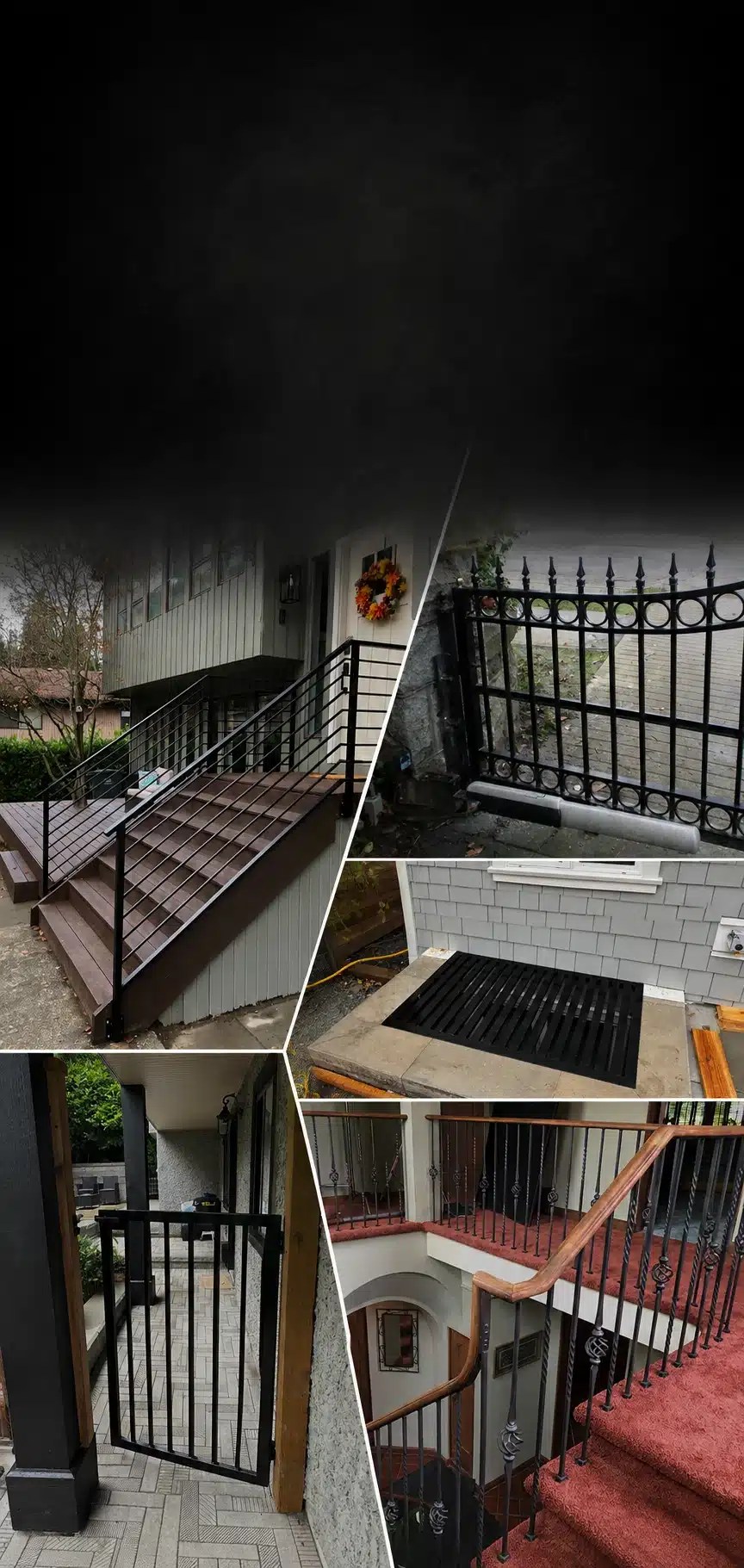 Custom metal railings and gates installed on residential stairs and entryways